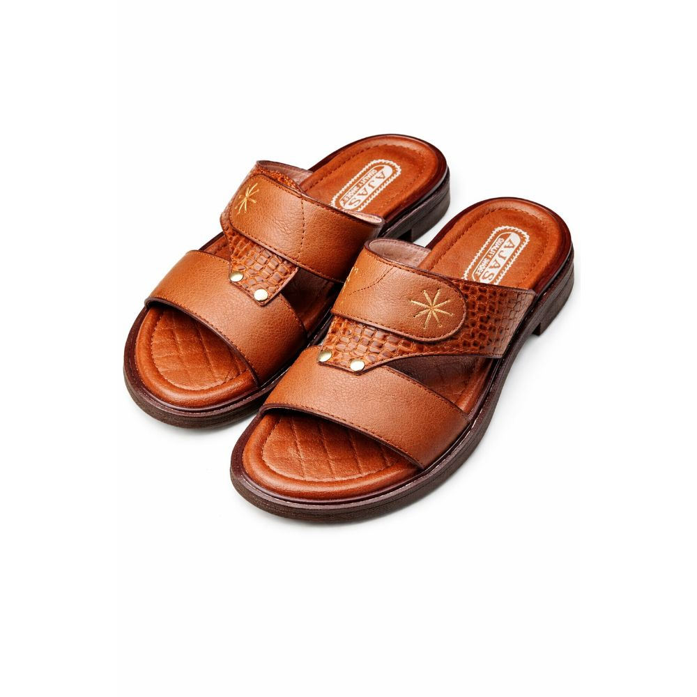 Mens Brown Leather Double Strap Slide Sandal